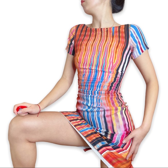 TracyReese Artsy Multicolor Stripe Psychedelic Print Ruched Bodycon Silk dress 0 - Picture 3 of 16